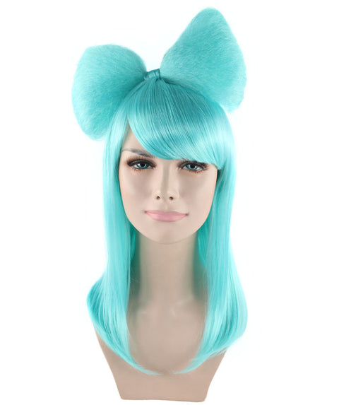 Long Butterfly Teal Color Wig Collection with Large Hair Bow, Premium Breathable Capless Cap Design