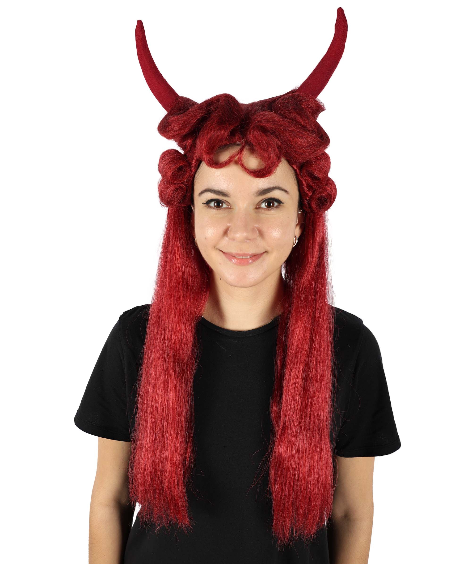 HPO Adult Women's Long Red Devil Horn Wig I Cosplay Wig I Flame-retard ...