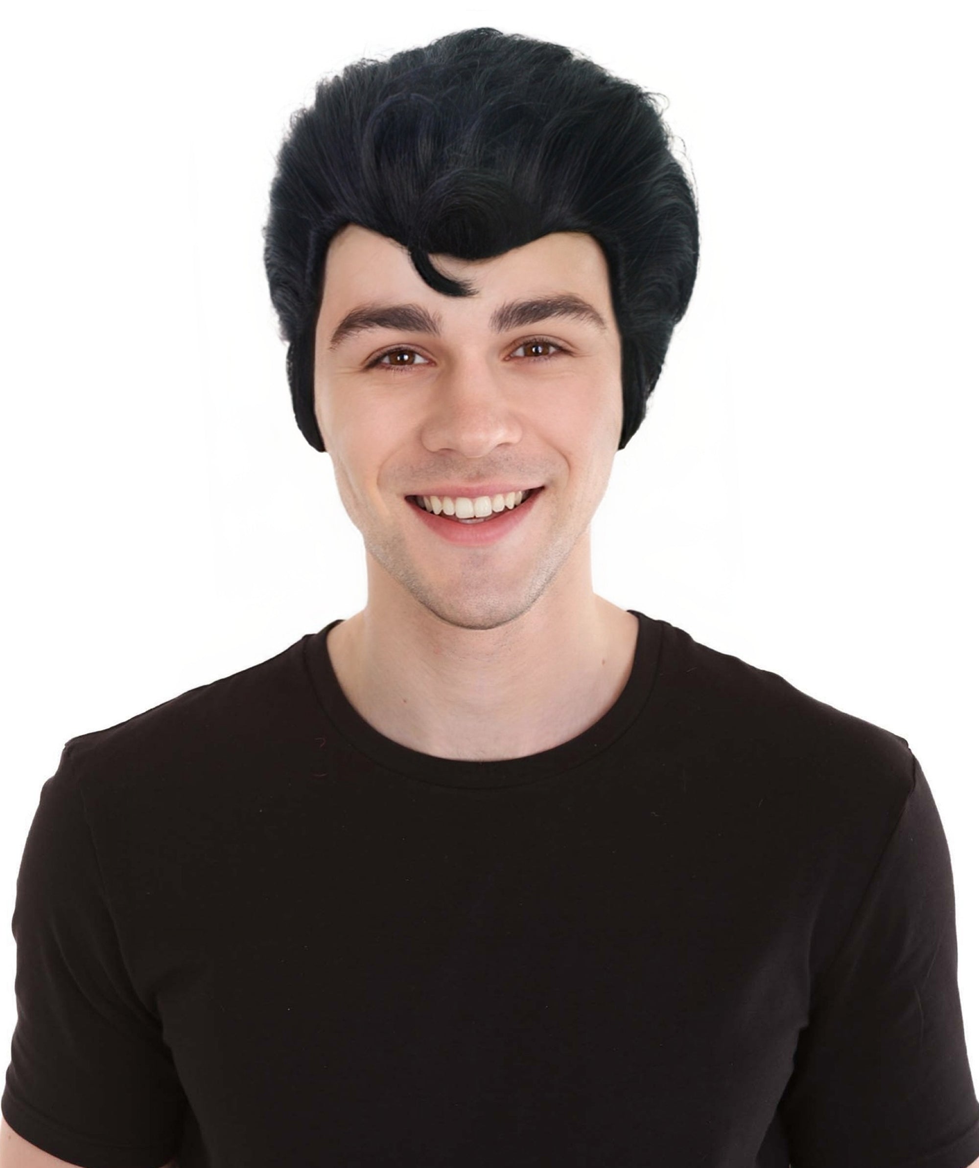 HPO Adult Grease Danny Zuko Wig for Men, Black Slicked-Back Style, Iconic Costume Wig, Premium Breathable Capless Cap with Flame Retardant Synthetic, image size:2000x2388
