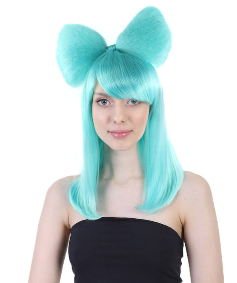 Long Butterfly Teal Color Wig Collection with Large Hair Bow, Premium Breathable Capless Cap Design