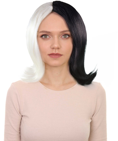 Womens White Black Wig , Medium Two-toned Black & White Wig , Premium Breathable Capless Cap