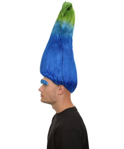 Adult Men's Blue Green Pointy Zen Troll Wig with Blue Eyebrows, Synthetic Soft Fiber hair, Perfect for your next Halloween Festival and Holiday Party!