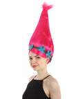 Adult Women's Premium Pointy Princess Troll Pink Wig with Blue Flower Headband