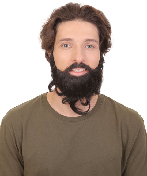 Adult Men's Long Frizzly Black Box Beard, High Quality Synthetic Fiber