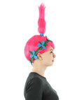 Princess Troll | Long Pointy Pink Ponytail Updo Wig with Blue Flower Headband