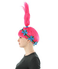 Princess Troll | Long Pointy Pink Ponytail Updo Wig with Blue Flower Headband