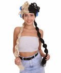 Women's HPO Mini Bun Halo with Two Tone Pigtails and Sky Blue Ribbons - Babydoll Blonde and Black Bubble Ponytails Wig