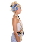 Women's HPO Mini Bun Halo with Two Tone Pigtails and Sky Blue Ribbons - Babydoll Blonde and Black Bubble Ponytails Wig