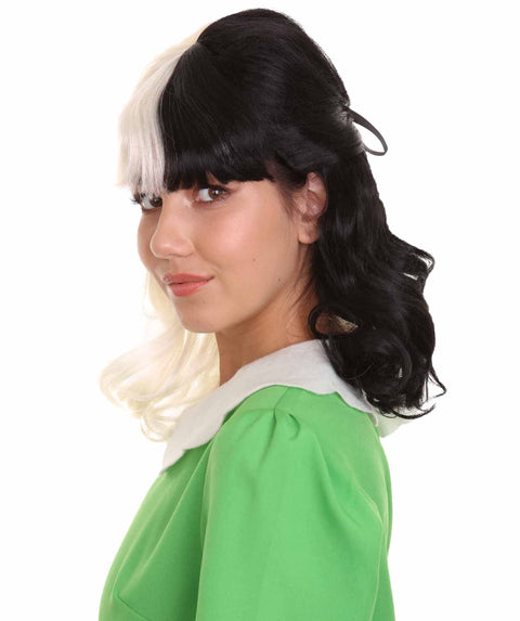 Women's Shoulder Length Contrasting Two Tone Cruel and Evil Wig - Pure White and Jet Black Hair - Capless Cap Design