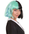 Women's Shoulder Length Contrasting Two Tone Artist Wig - Soft Mint Green and Jet Black Hair - Capless Cap Design