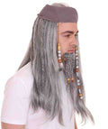 Ghost Pirate Wig with Bandana Moustache & Beard Set | Grey Pirate Wigs | Premium Breathable Capless Cap