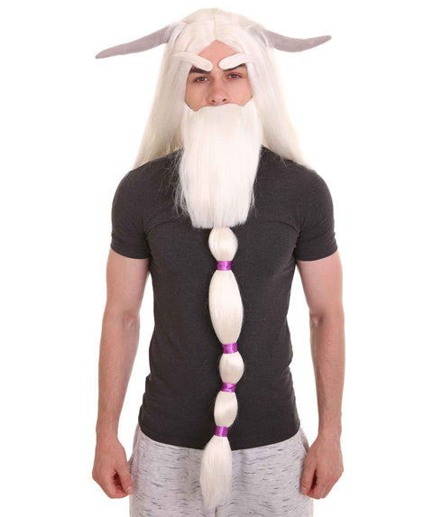 Thorp White Monster Wig with Full Beard and Horns | White TV/Movie Wigs | Premium Bretheble Caplss Cap.