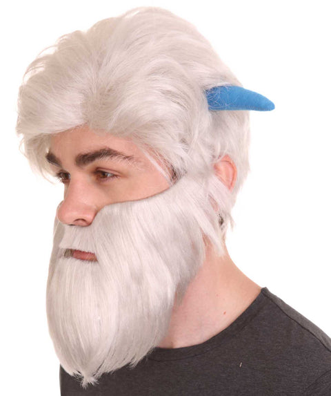 Adult Men's TV/Movie Small White Wig and Beard with Blue Horns , White TV/Movie Wigs , Premium Breathable Capless Cap