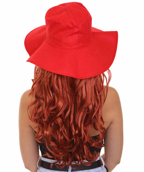 Womens Long Length Brown Curly Cosplay Wig with Red Fedora | Breathable Capless Cap