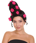 Womens Pinned Up Bun Artist Wig - Long Black Hair with Pink Flowers - Capless Cap Design