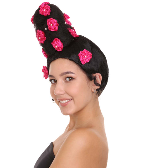 Womens Pinned Up Bun Artist Wig - Long Black Hair with Pink Flowers - Capless Cap Design