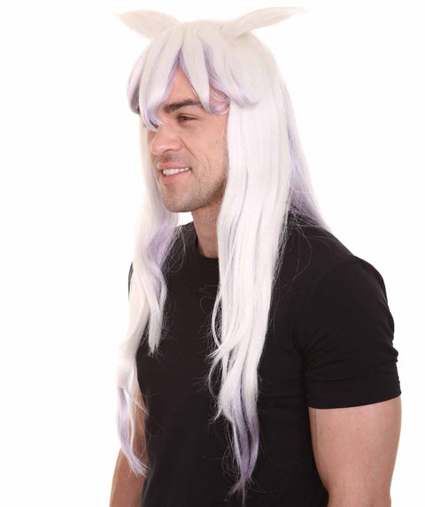 Long Straight Wig with Ears | White & Purple TV/Movie Wigs | Premium Breathable Capless Cap