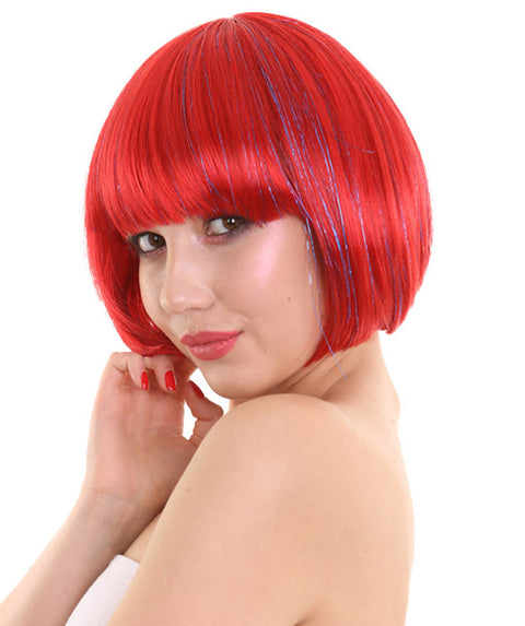 Bright Red Bob with Tinsel | Sparkly Celebrity Halloween Wig  | Premium Breathable Capless Cap