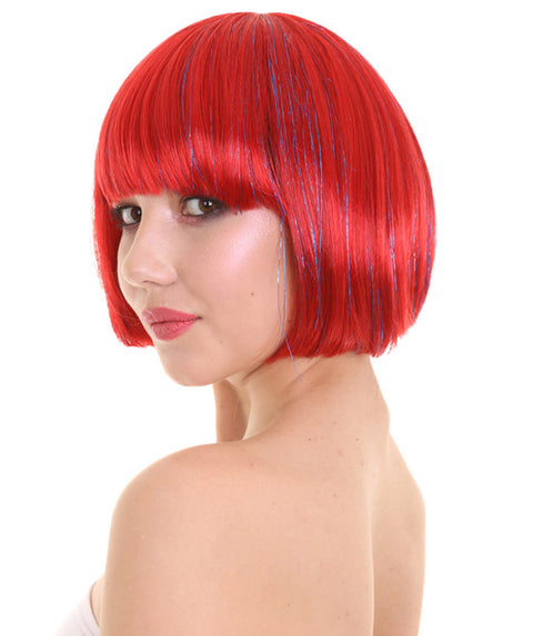 Bright Red Bob with Tinsel | Sparkly Celebrity Halloween Wig  | Premium Breathable Capless Cap