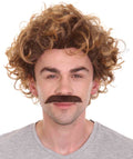 Comedy TV | Mens Pro Wrestler Short Brown Curly Wig and Mustache
