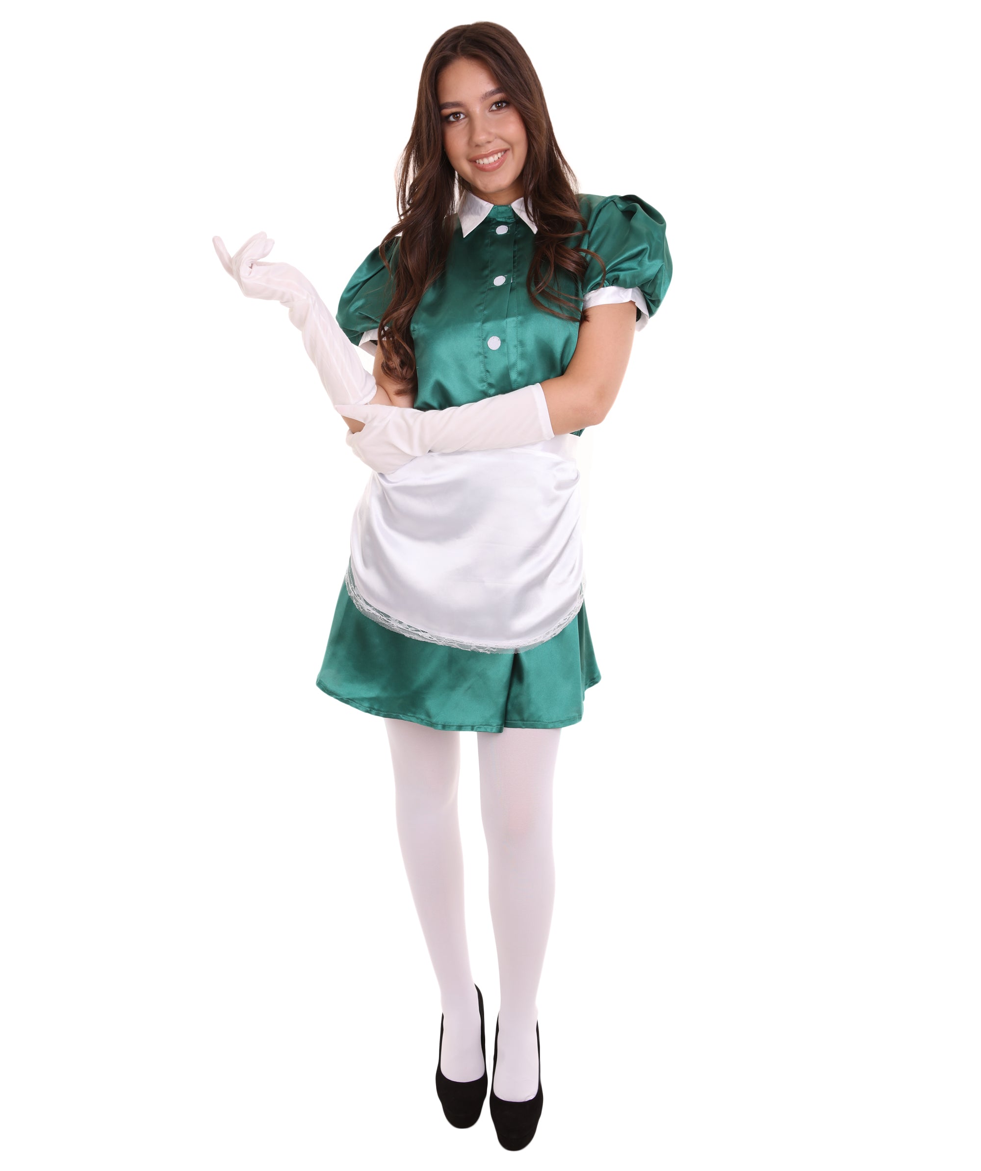 green emerald velvet dress Adult Women's French Apron Maid Uniform Costume | Dark Green Cosplay Costume