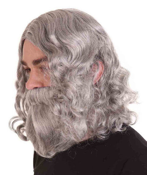 Mens Biblical Wig and Beard Grey Set | Gray Cosplay Halloween Wig | Premium Breathable Capless Cap