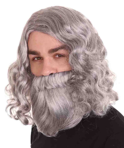 Mens Biblical Wig and Beard Grey Set | Gray Cosplay Halloween Wig | Premium Breathable Capless Cap
