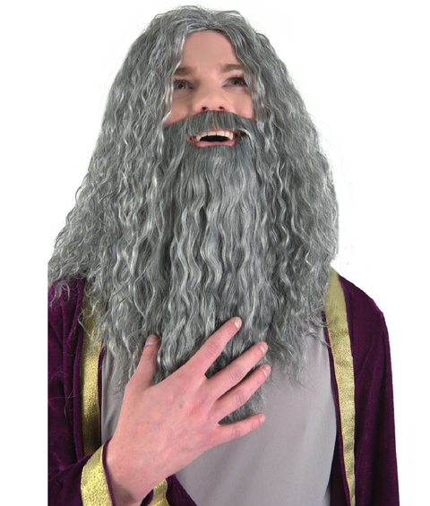 Old wizard Wig with Mustache and Beard set Grey