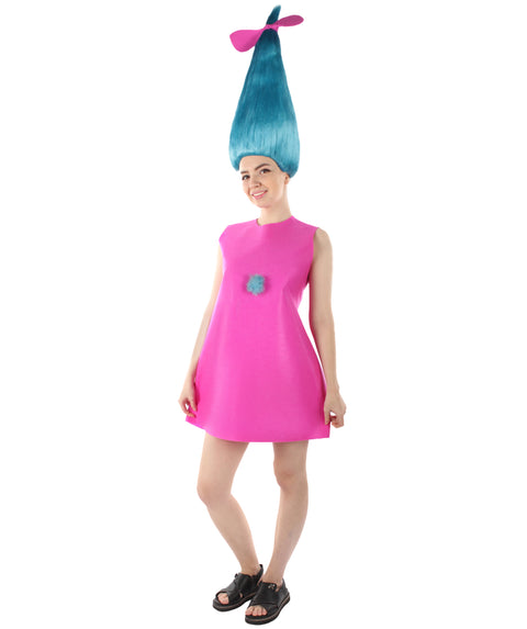 Women's Long Length Halloween Animated Blue Pop Troll Pink Bow Wig with Costume