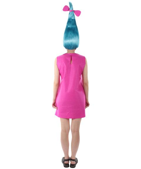 Women's Long Length Halloween Animated Blue Pop Troll Pink Bow Wig with Costume
