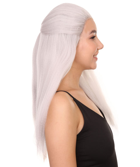 CW Premium Women's Long White Straight 20' Warlock Cosplay Wig - Lace Front Heat Resistant Fibers - Pulled Back Pony Tail