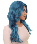 Womens Glamorous Long Blue Style Wig | Stage/Event Fancy Halloween Wig | Premium Breathable Capless Cap