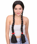 Womens Gothic School Girl Pigtail Style Wig | Triditional Braided Halloween Wig with Red Ribbon | Premium Breathable Capless Cap