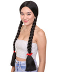 Womens Gothic School Girl Pigtail Style Wig | Triditional Braided Halloween Wig with Red Ribbon | Premium Breathable Capless Cap