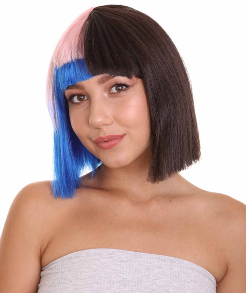 Adult Womens Bob Wig | Black, Pink, & Blue Celebrity Wig | Premium Breathable Capless Cap