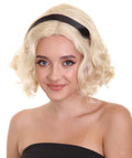 HPO Adult Women's Blonde Chilling Witch  Wavy Bob Wig , Black Head Ribbon , Perfect for Halloween | Flame-retardant Synthetic Fiber