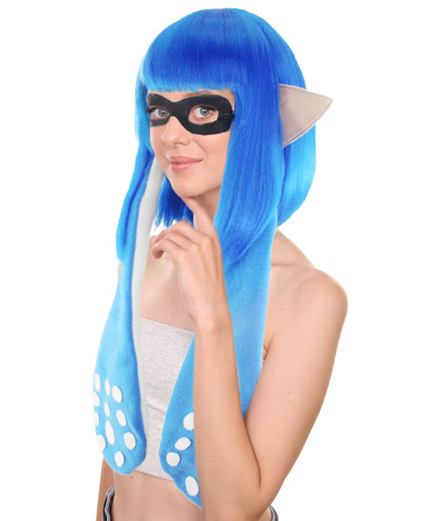 Adult Women's Gaming Ink Girl Wig and Ears with Eye-Mask Set | Video Game Wigs | Premium Breathable Capless Cap