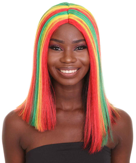 Women's Shoulder Length Celebrity Ghana Pride Wig - Red Gold and Green Hair - Capless Cap Design
