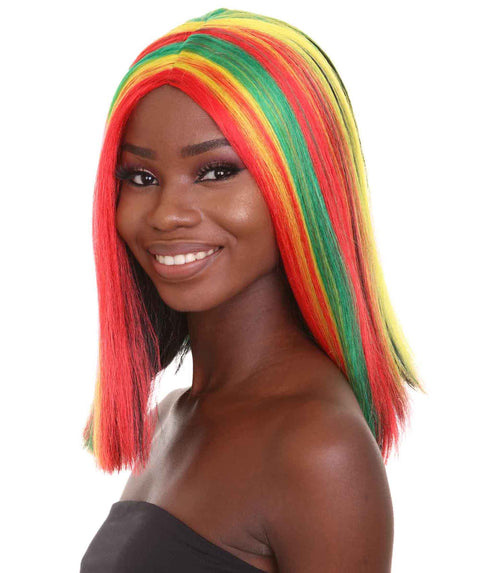 Women's Shoulder Length Celebrity Ghana Pride Wig - Red Gold and Green Hair - Capless Cap Design