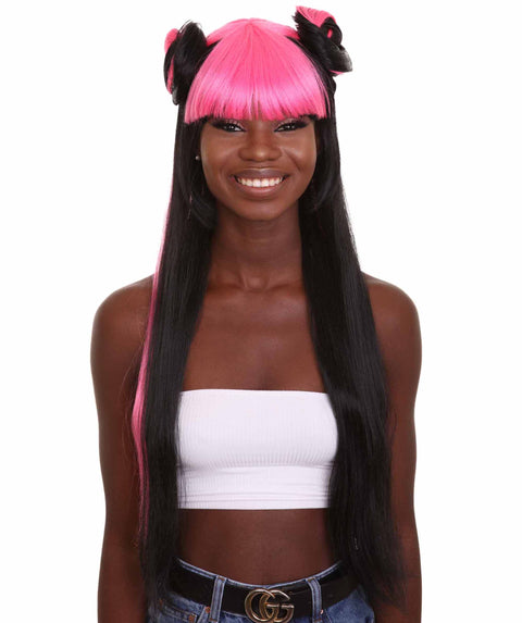 Women's Pinned Up Double Bun China Doll Rapper Wig - Electric Pink and Black Hair - Capless Cap Design