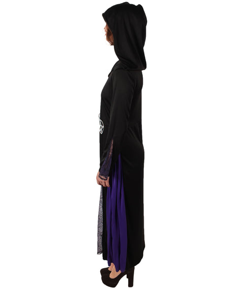Women’s Hooded Purple & Black Witch Costume with Metal Pentagram Belt