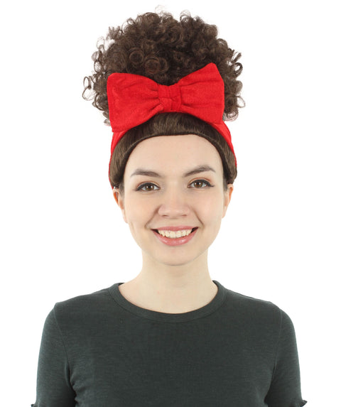 Women’s Animated Cartoon Musical Movie Curly Dark Brown Wig with Bun and Red Ribbon
