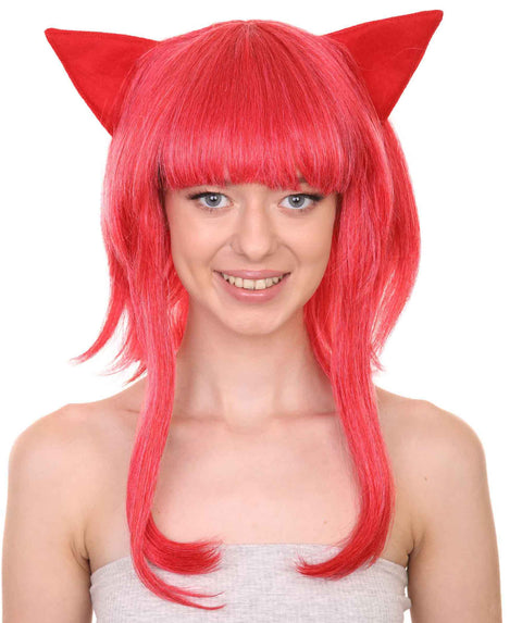 Adult Women's 16" Inch Medium Length Halloween Animated Video Game Annie Wig with Ears, Synthetic Soft Fiber Hair, Perfect for your next Conventiton and Group Anime Party! | HPO
