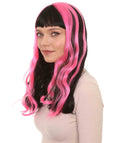 Womens 80s Long Black Neon Pink Streaks Punk Rave Wig | Rock Curly Disco Party Wigs | Premium Breathable Capless Cap