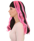 Womens 80s Long Black Neon Pink Streaks Punk Rave Wig | Rock Curly Disco Party Wigs | Premium Breathable Capless Cap