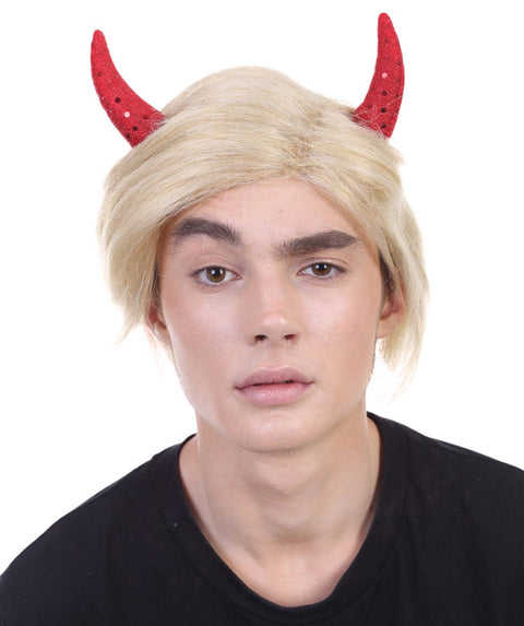 Mr. President Wig w/ Red Sequined Devil Horns , Blonde Short Wig , Premium Breathable Capless Cap