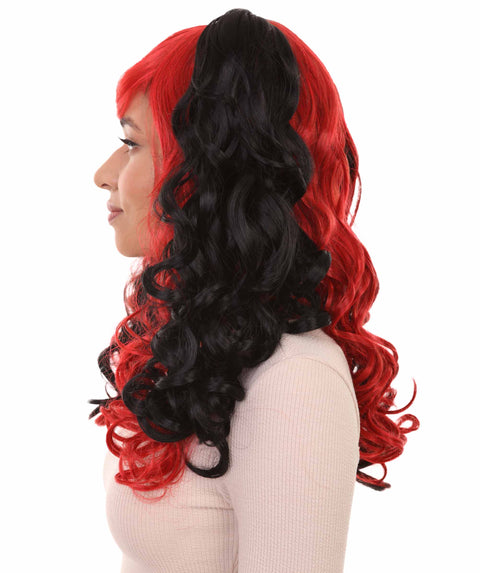 Black and Red Jester Womens Wig | Long Curly Cosplay Halloween Wig | Premium Breathable Capless Cap
