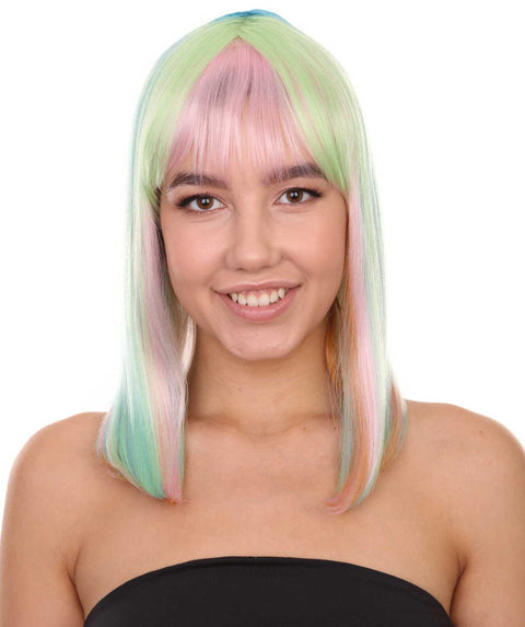 Adult Women's 14" Inch Medium Length Halloween Cosplay Rainbow Rave Mermaid Costume Wig, Synthetic Soft Fiber Hair, Perfect for your next Festival and Group Anime Party!  | HPO