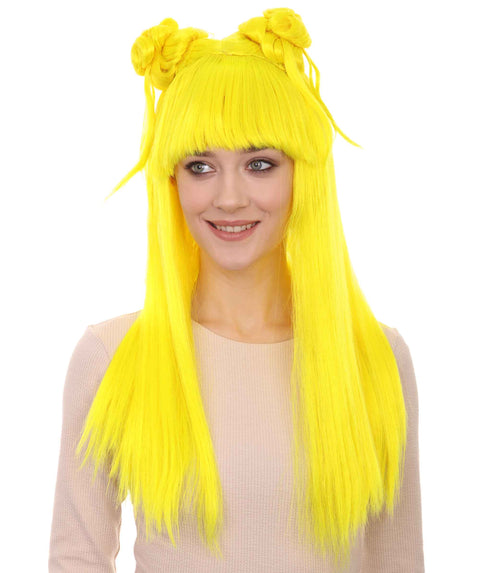 Women's Neon Yellow Asian Princess Two Tied Horn Wig |  Premium Breathable Capless Cap