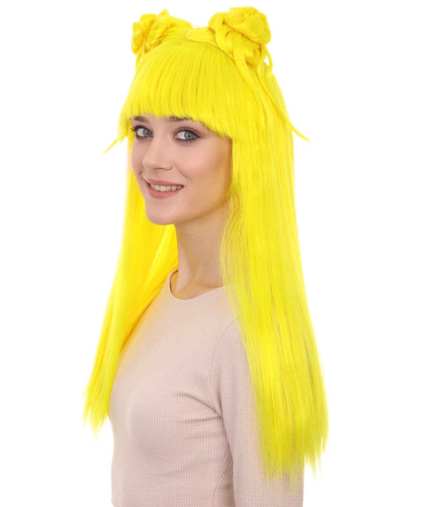 Women's Neon Yellow Asian Princess Two Tied Horn Wig |  Premium Breathable Capless Cap